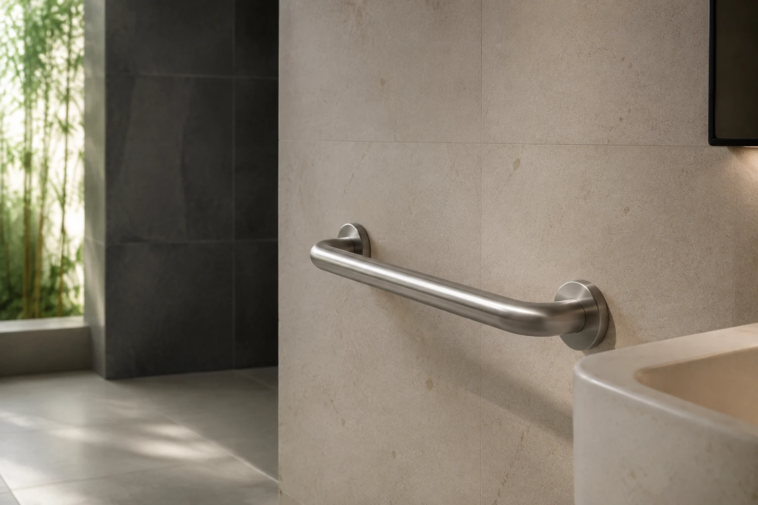 Brushed stainless steel grab rail against warm stone in a contemporary washroom
